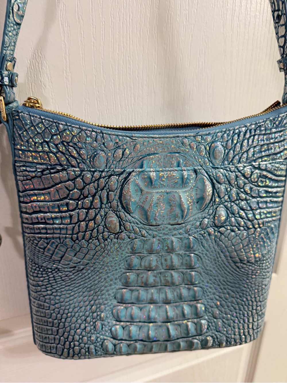 Brahmin Artic Blue Melbourne Croc-Embossed Leather Crossbody with Gold Hardware - Picture 7 of 15